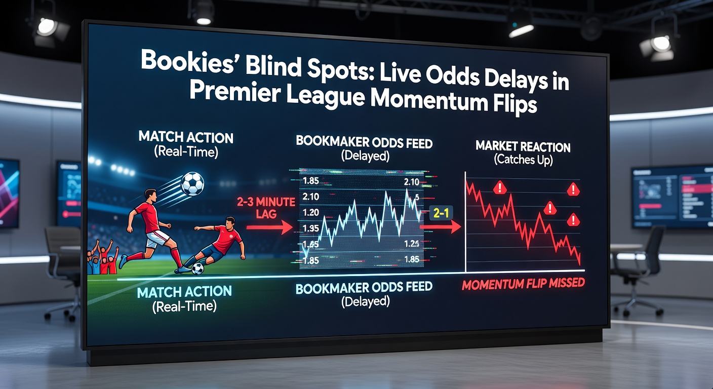 Screenshot of a live betting interface during a Premier League match, highlighting mismatched odds post-momentum flip with a red card icon and shifting probability lines