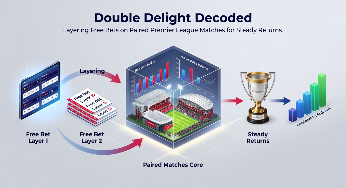 Digital overlay of Premier League fixtures board showing paired matches with goalscorer odds and free bet icons, illustrating the layering strategy