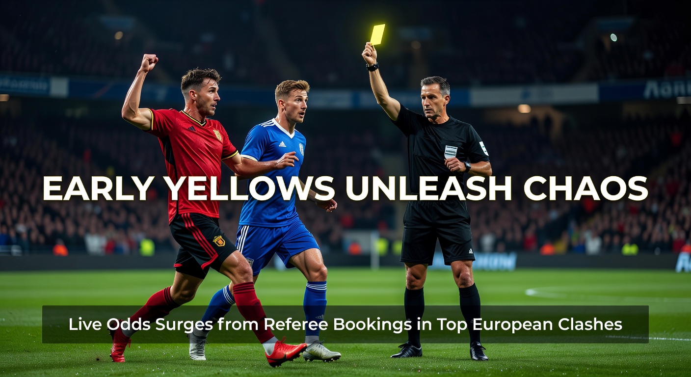 Referee issuing an early yellow card during a tense moment in a Champions League match, with players reacting intensely