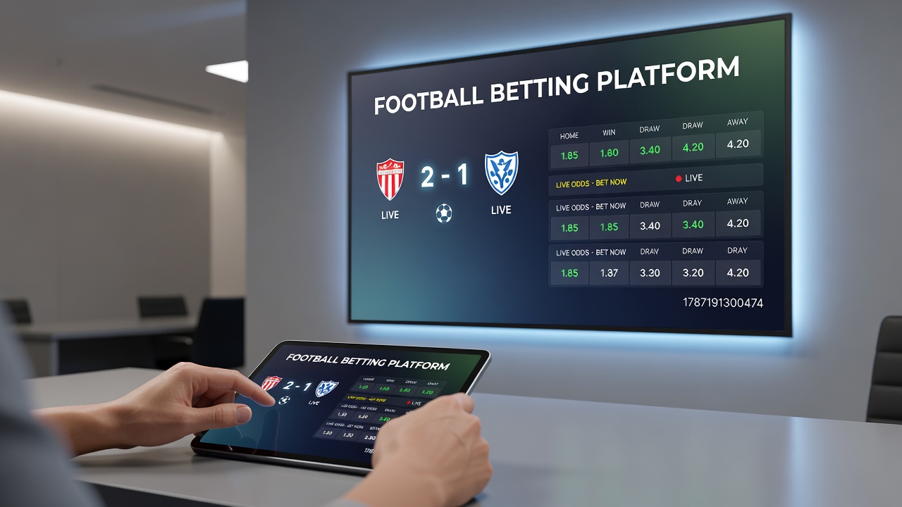 Live football match with betting interface overlay displaying real-time odds