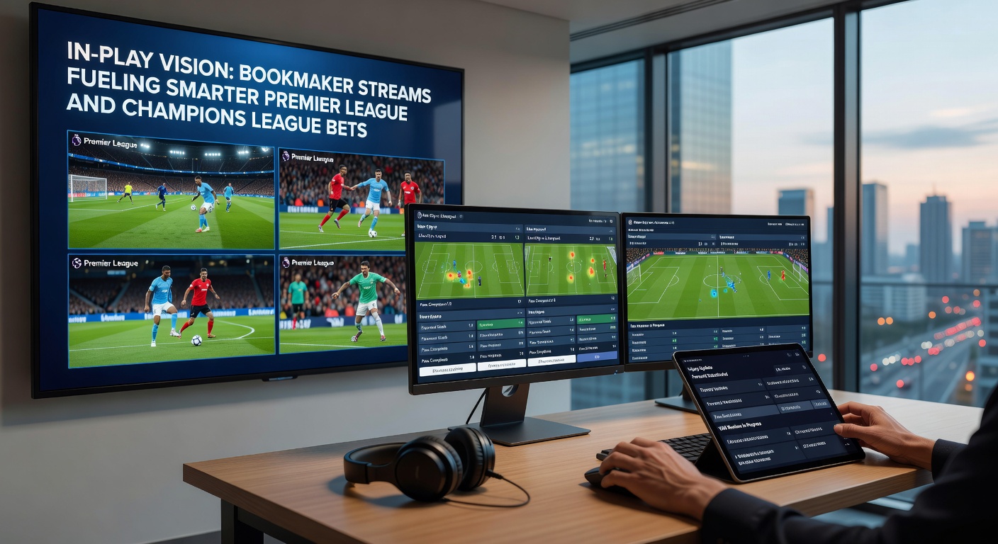 Close-up of a bettor's screen displaying a Champions League in-play stream with overlaid odds for next goal and cards during a tense knockout tie