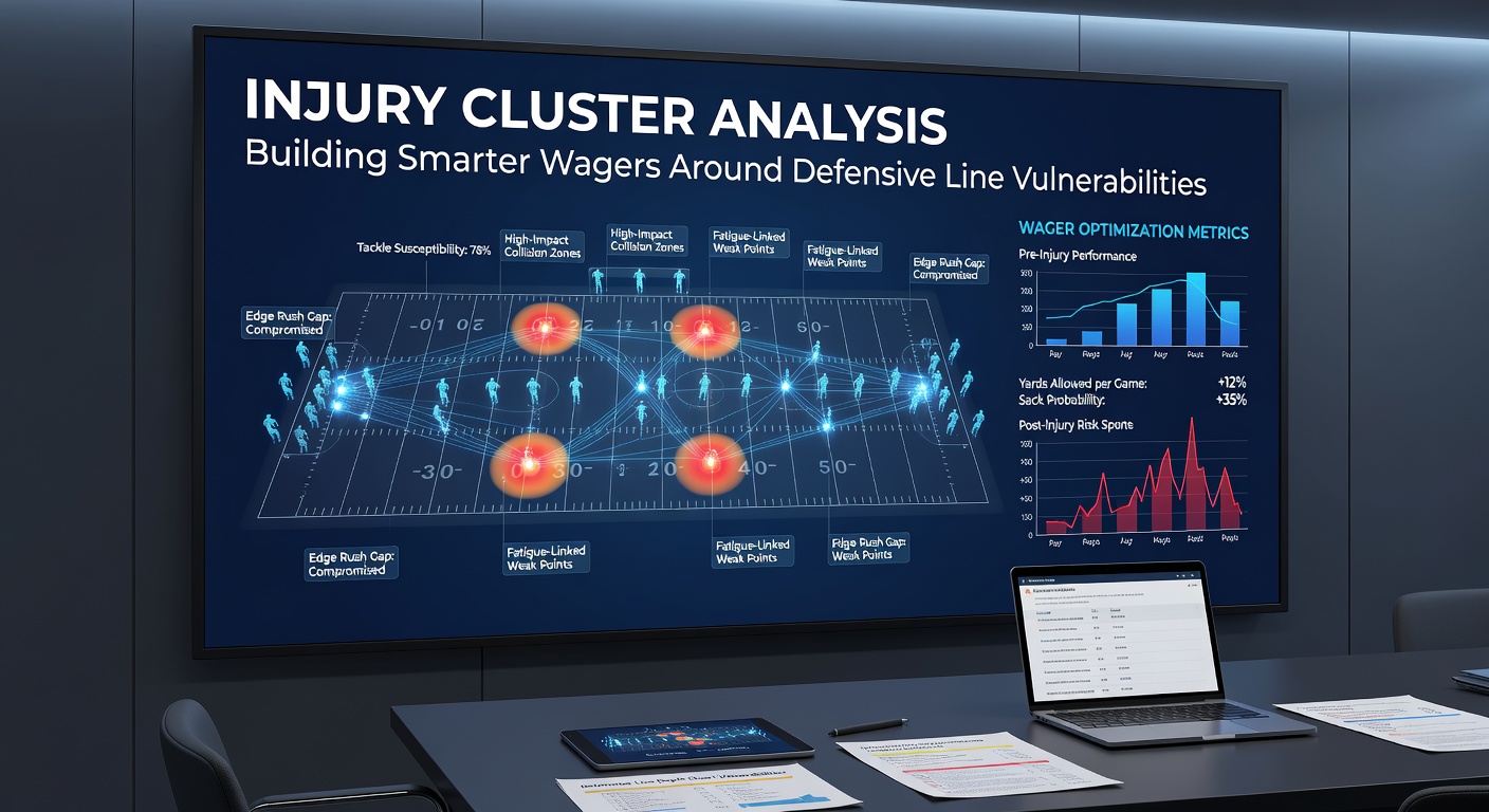 Football analysts reviewing defensive injury data clusters on digital dashboards during match preparation