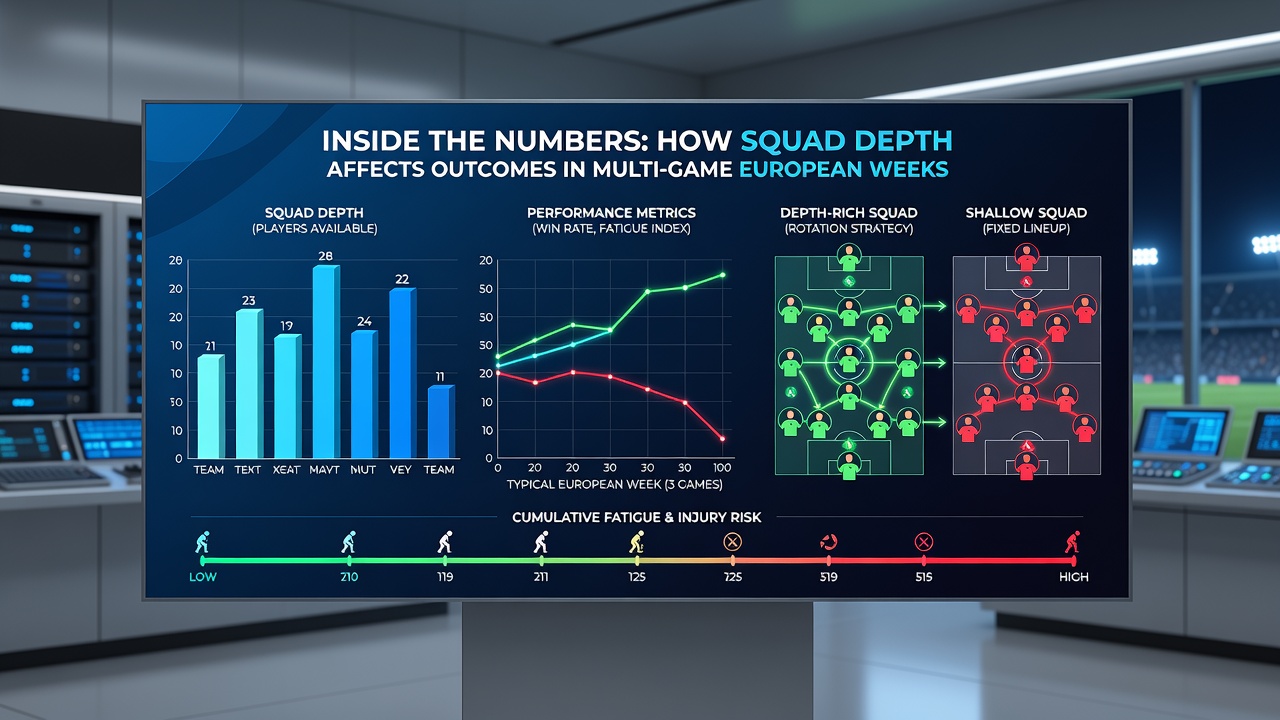 Coaches reviewing squad rotation data on a tablet during a European match week