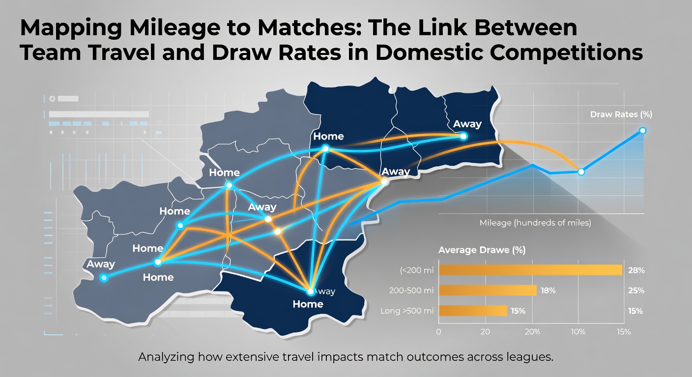 Football teams traveling across domestic leagues with route maps and stadium icons illustrating mileage effects on match outcomes