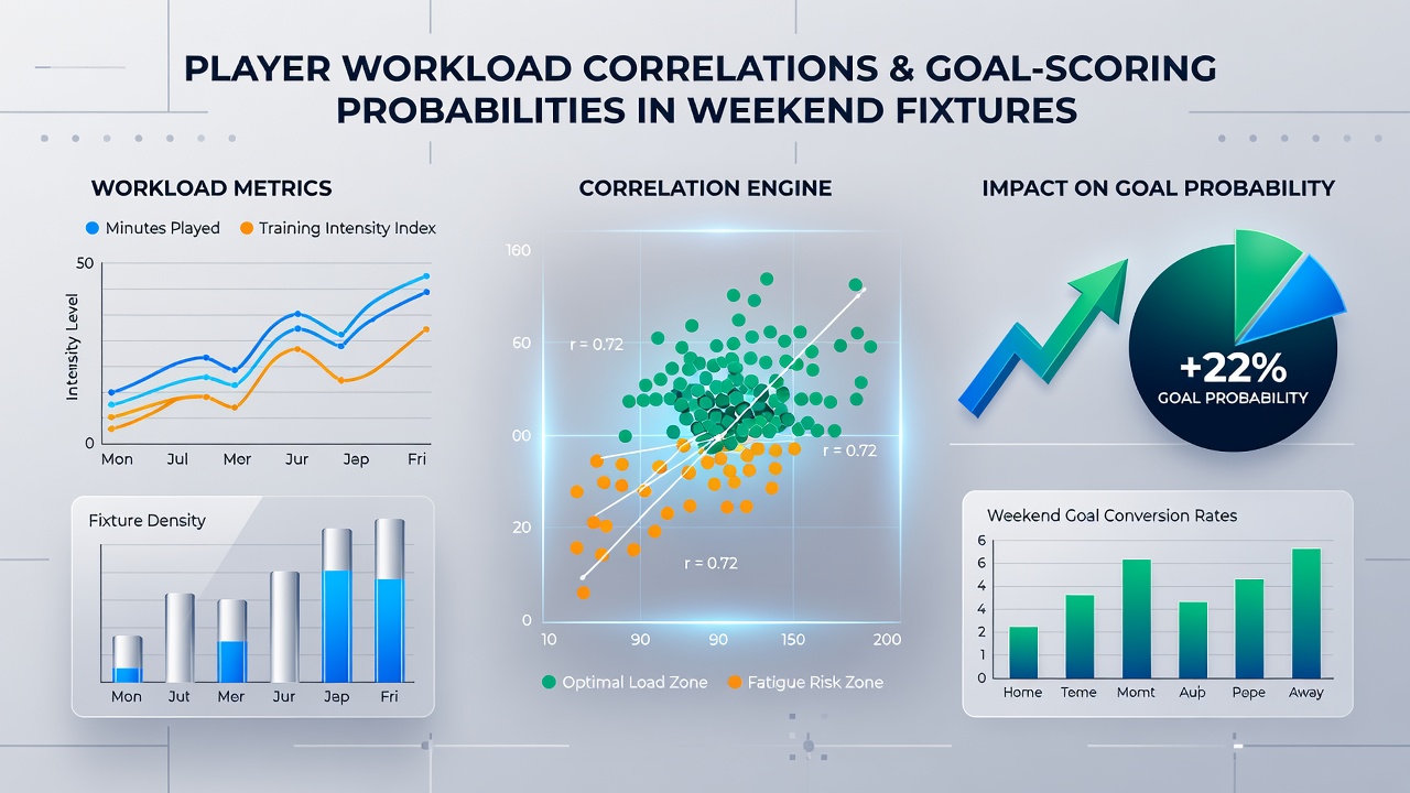 Charts displaying player workload statistics and goal probability shifts in weekend matches