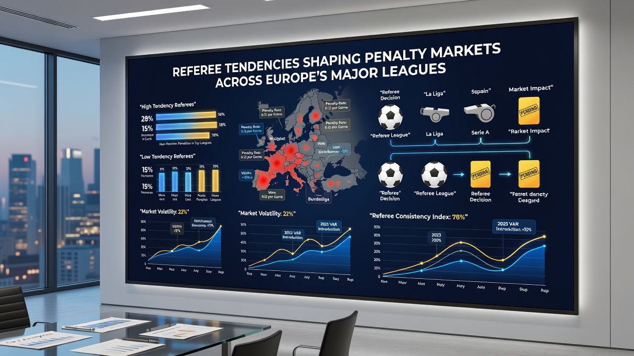 Statistical chart displaying penalty award frequencies by referee across major European leagues