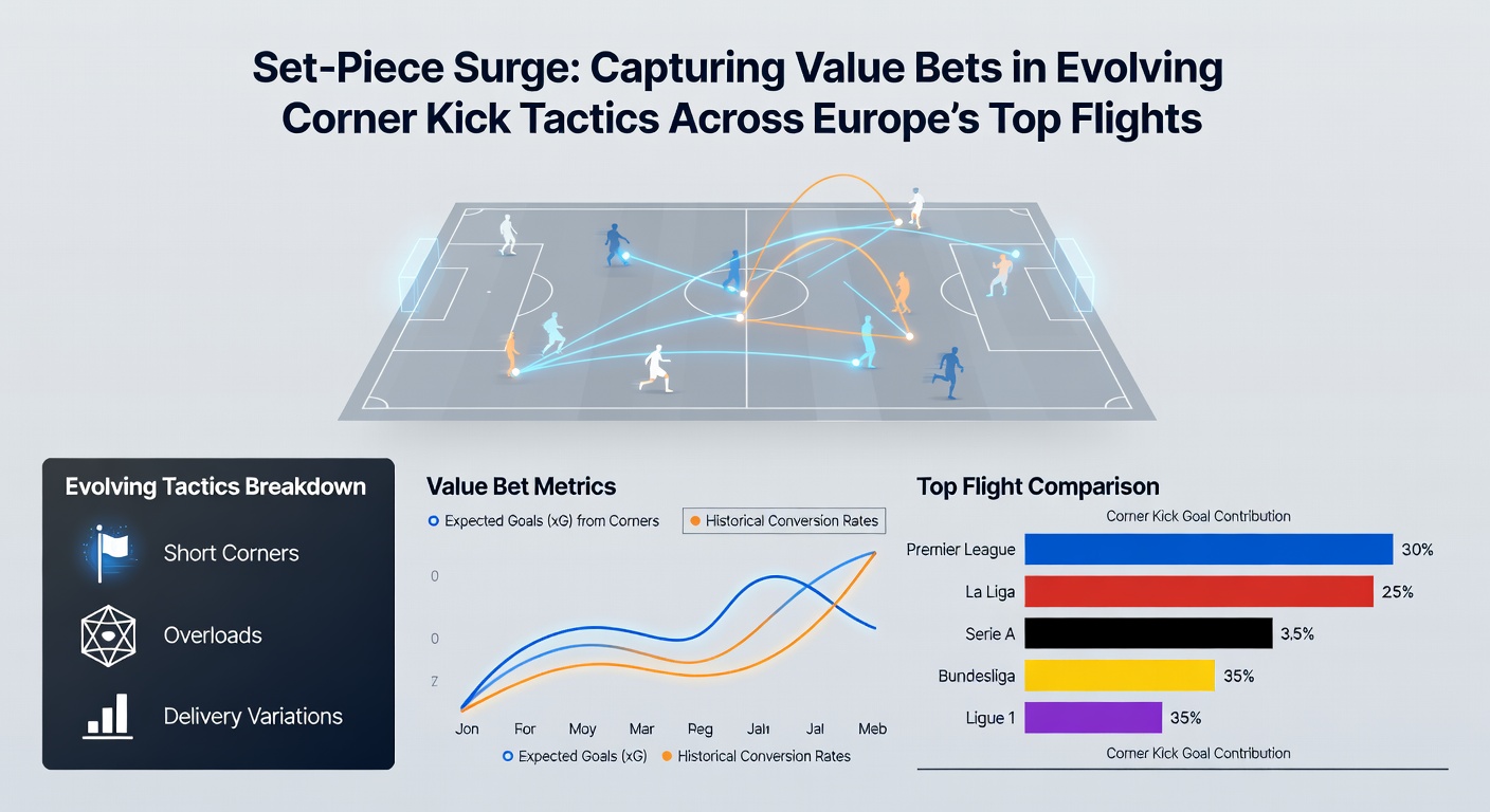 Close-up of a corner kick delivery curving into a crowded penalty area, illustrating tactical setups in Europe's top leagues