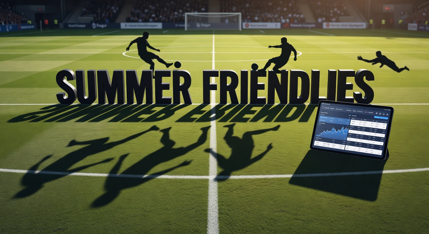 Bookmakers analyzing data screens showing shifting Premier League odds overlaid with summer friendly highlights